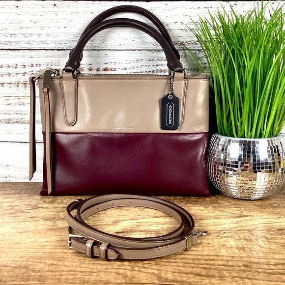 COACH #32503 MINI BOROUGH COLOR BLOCK LEATHER OXBLOOD BEIGE HAND CROSSBODY PURSE - Picture 1 of 16